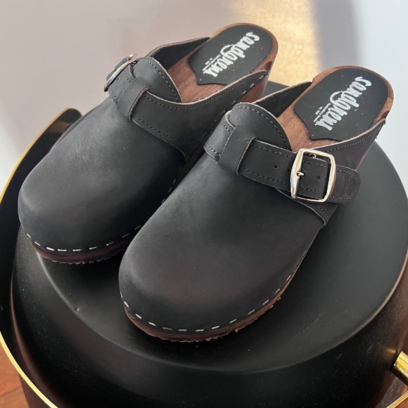 Sandgrens Suede Leather Clog Mules Navy Blue Wooden Platform Slip-On 37 EU NWOT - Picture 4 of 6